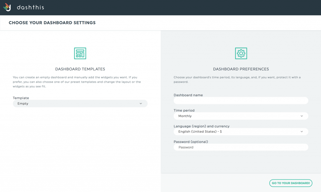 dashboard creation options