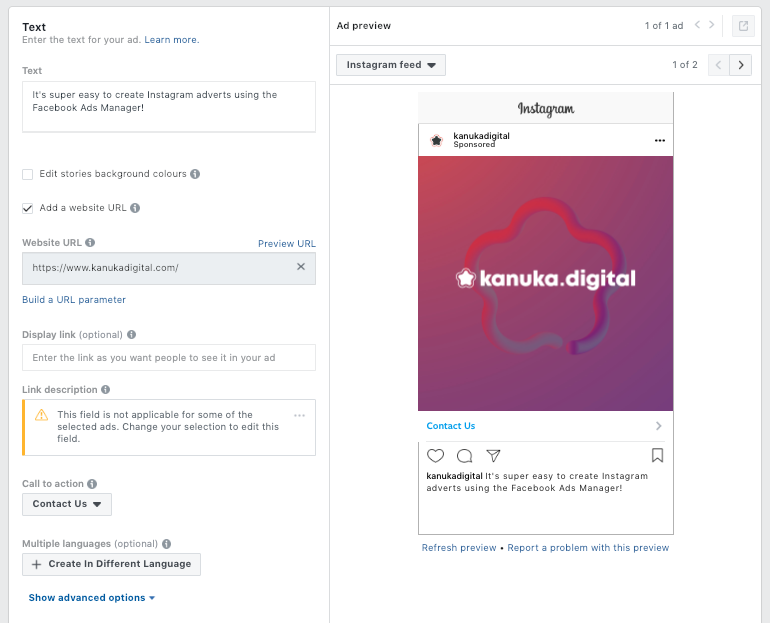 Instagram ads manager set campaign