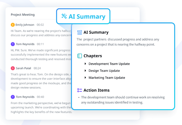 AI tool summarizing project meeting into key updates and action items with chapters for development, design, and marketing.